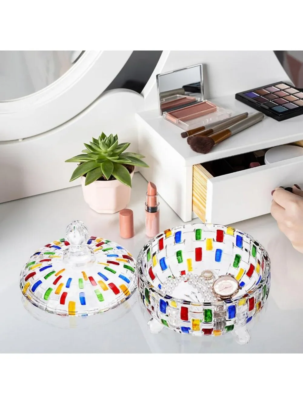 Colorful Crystal Candy Dish with Lid | Decorative Bowl for Chocolates, Nuts